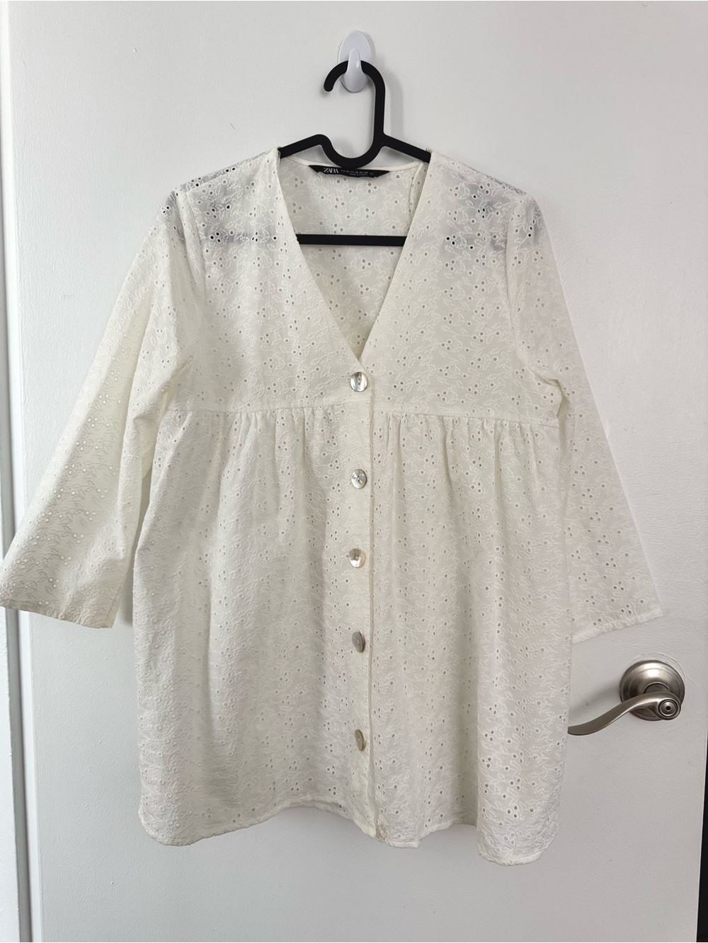Eyelet Button-Front V-Neck Blouse